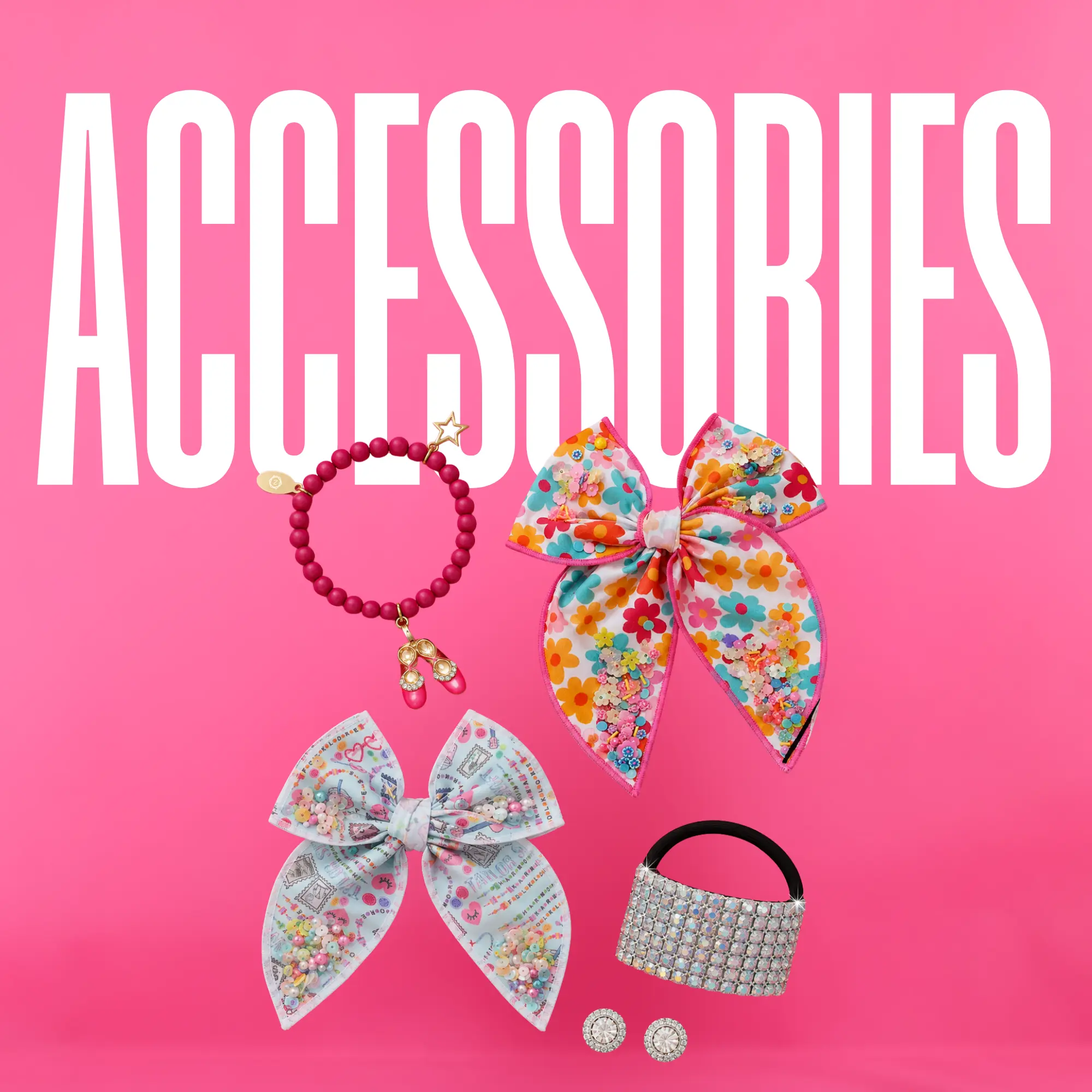Dance accessories including hair bows, a beaded bracelet and crystal hair accessories