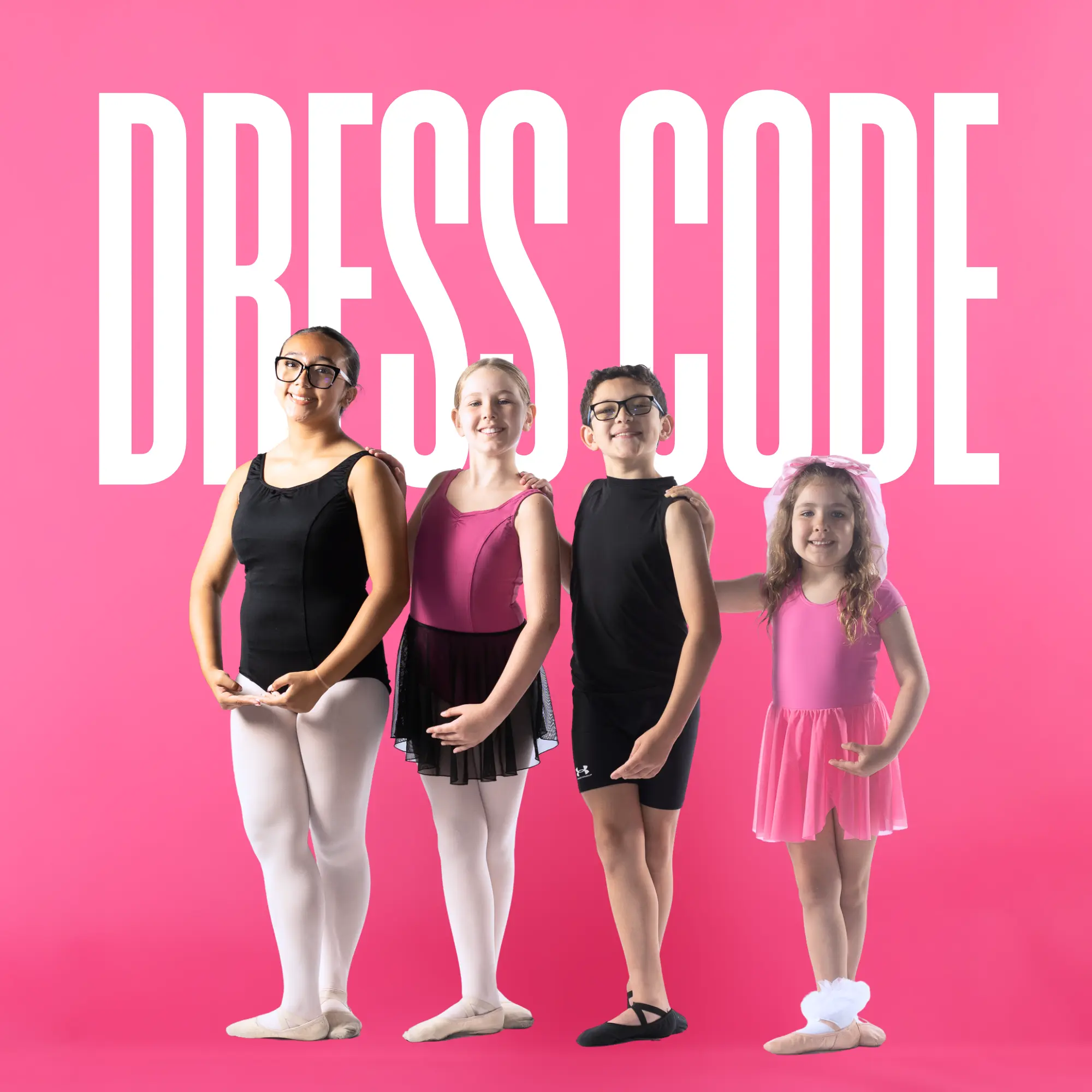 Four young dancers wearing Leighton Dance Project dress code leotards and dancewear