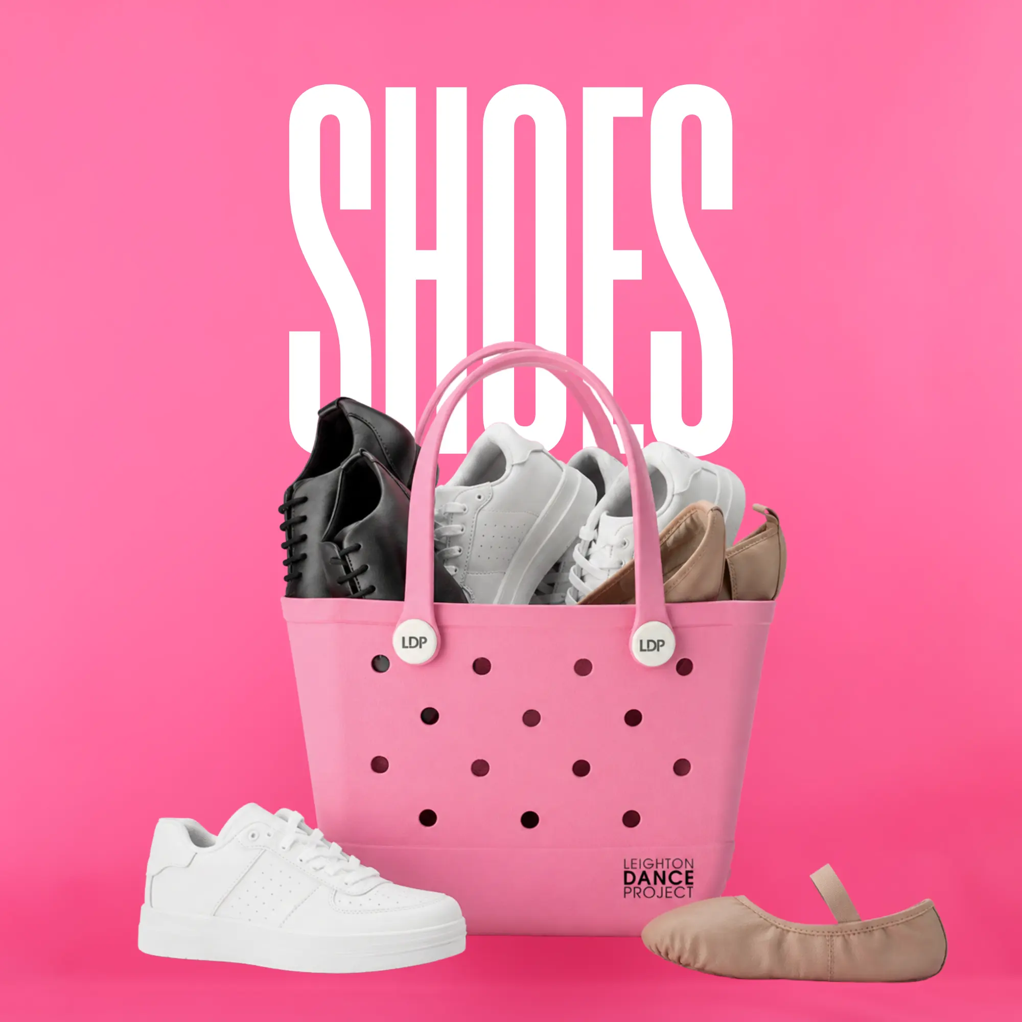 Dance sneakers and ballet shoes in a pink LDP tote bag on a pink background